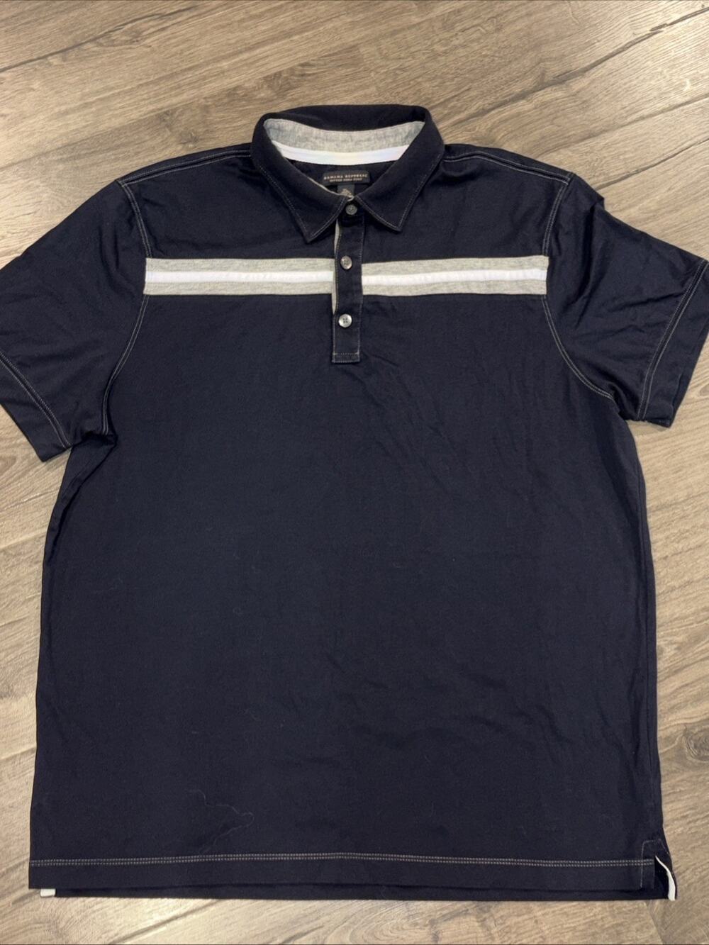 Banana Republic Fitted Pima Polo Shirt Mens XL Navy Gray White Chest Stripe